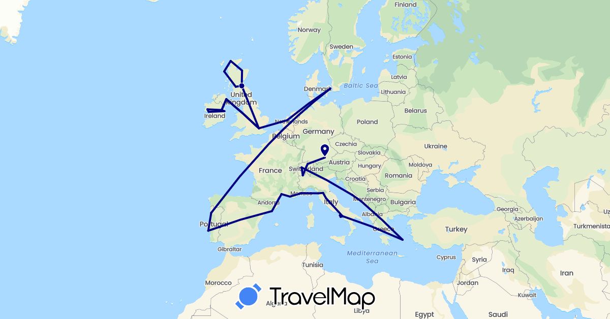 TravelMap itinerary: driving in Switzerland, Germany, Denmark, Spain, France, United Kingdom, Greece, Croatia, Ireland, Italy, Monaco, Netherlands, Portugal (Europe)